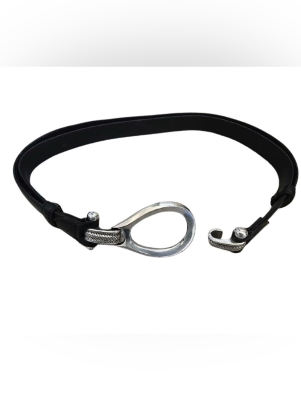 Smooth Black Leather Belt Women Silver Tone Oval Clasp Buckle Adjustable 26 - 43
